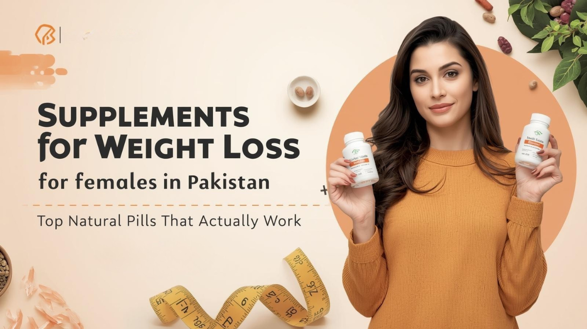 Natural weight loss pills for women in Pakistan with herbs, capsules, and measuring tape visual cues.