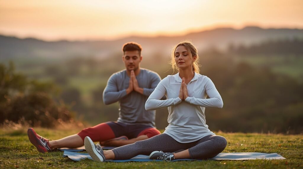 a man and woman practicing mindfulness or stretching