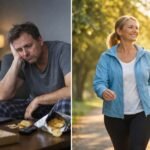 Two adults shown in contrasting daily routines, one sedentary indoors and one walking outdoors calmly.