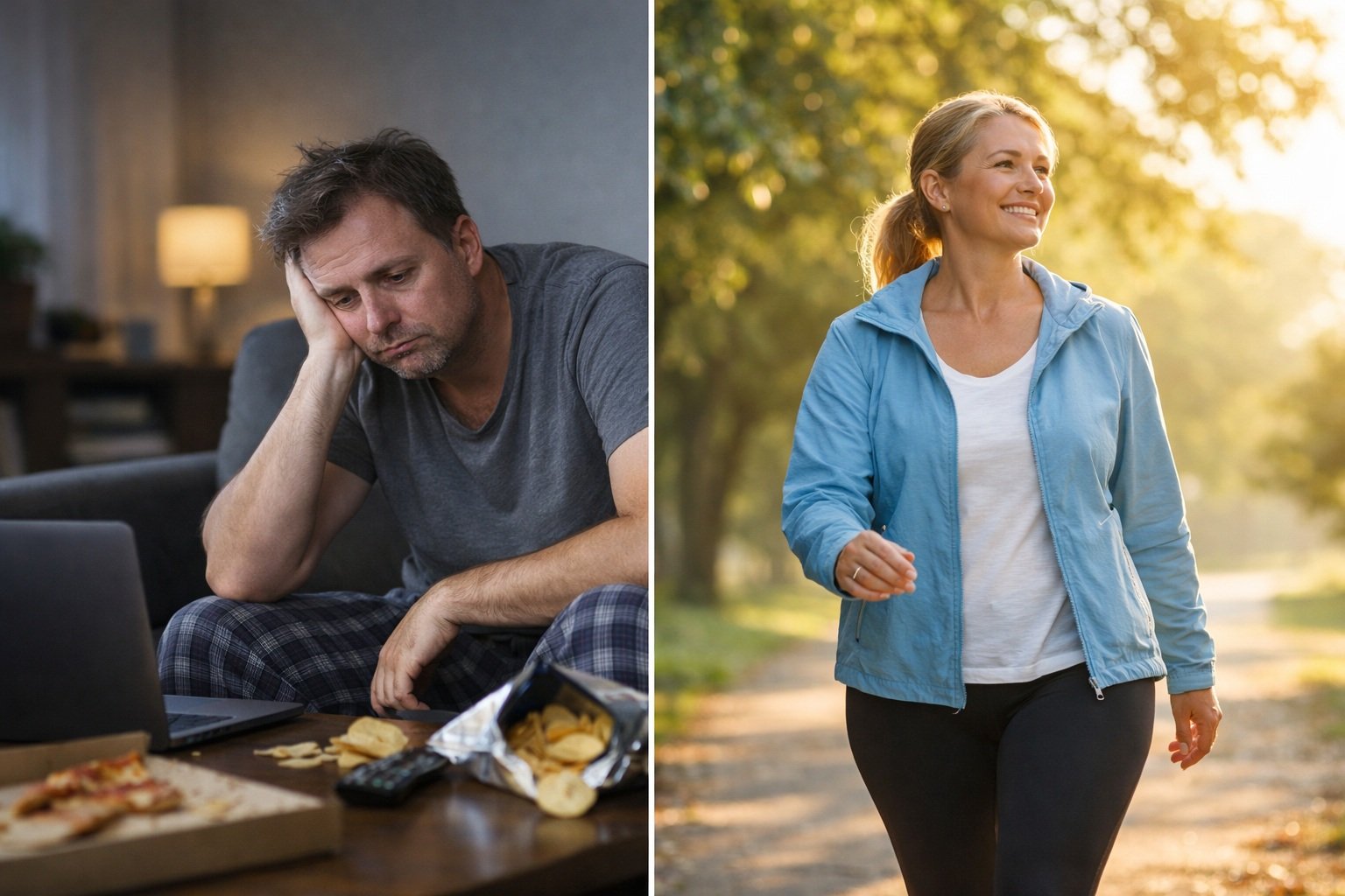 Two adults shown in contrasting daily routines, one sedentary indoors and one walking outdoors calmly.