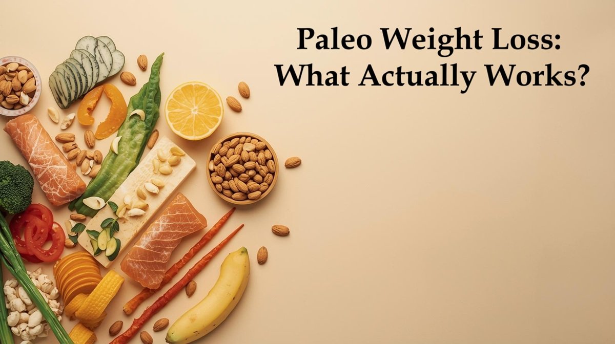 Paleo diet weight loss guide showing vegetables, lean meats, nuts, and berries for healthy meals