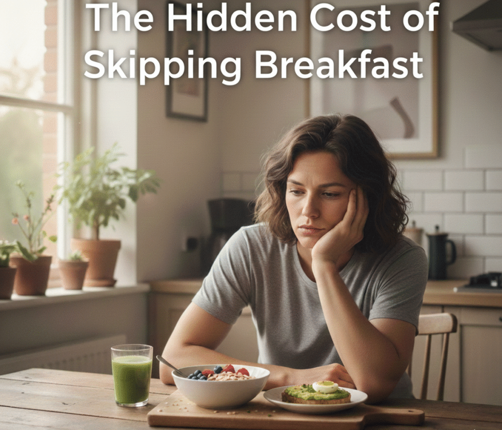 A stressed woman sitting at a breakfast table, illustrating the health effects of skipping breakfast on metabolism and energy levels.