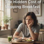 A stressed woman sitting at a breakfast table, illustrating the health effects of skipping breakfast on metabolism and energy levels.