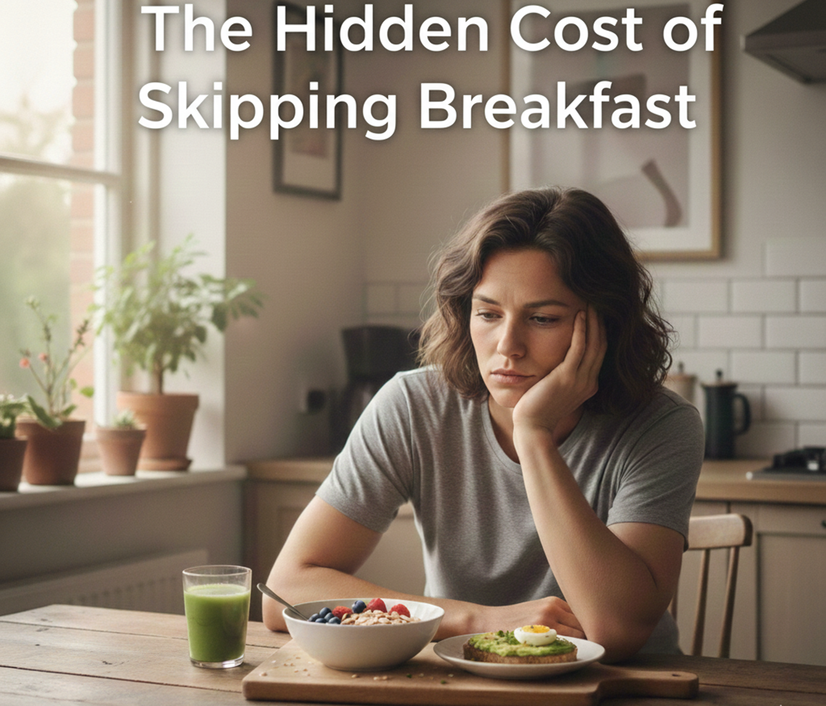 A stressed woman sitting at a breakfast table, illustrating the health effects of skipping breakfast on metabolism and energy levels.