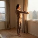 Woman stretching in morning sunlight representing healthy morning habits and metabolic health