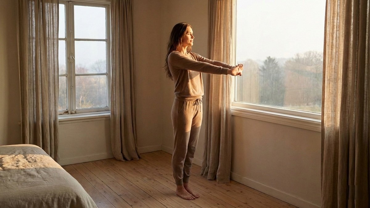 Woman stretching in morning sunlight representing healthy morning habits and metabolic health